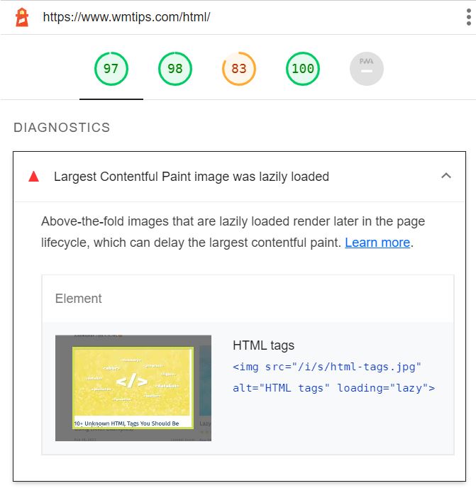 Largest Contentful Paint image was lazily loaded Lighthouse warning