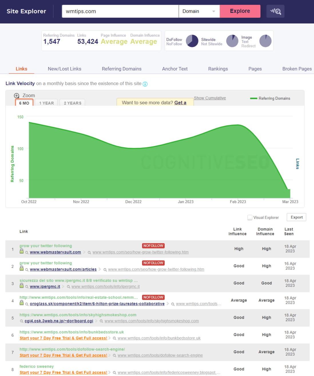CognitiveSEO Site Explorer results